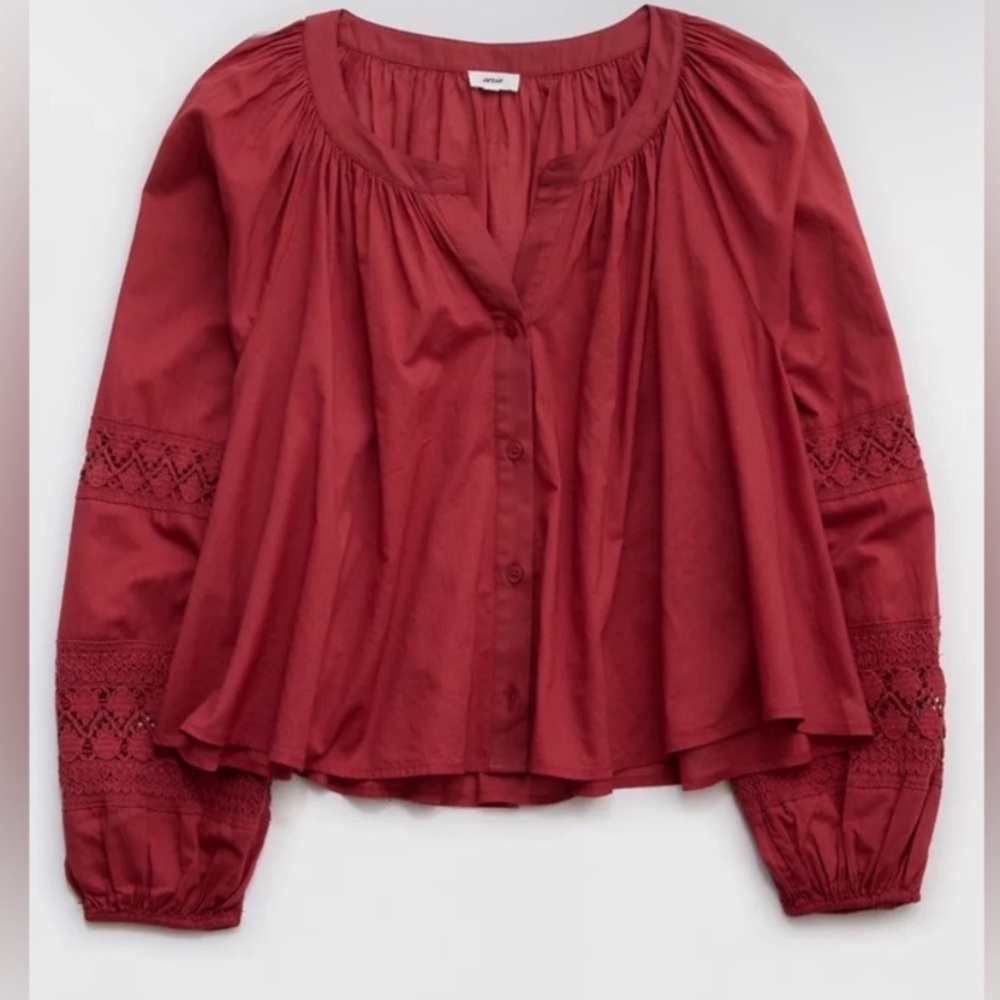 Aerie 100% Cotton Red Long Sleeve Crochet Button Down Shirt